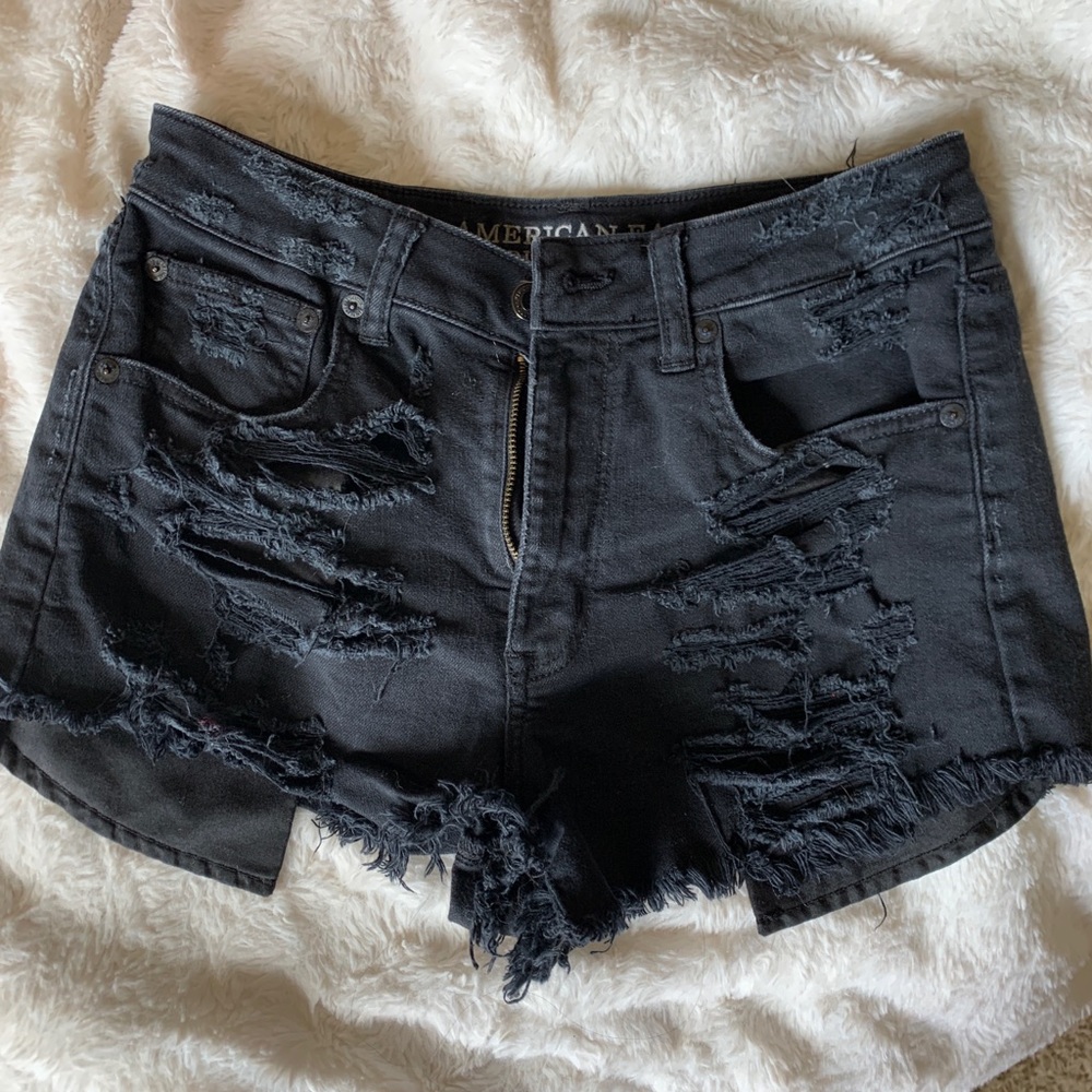 Distressed black high rise shorts
